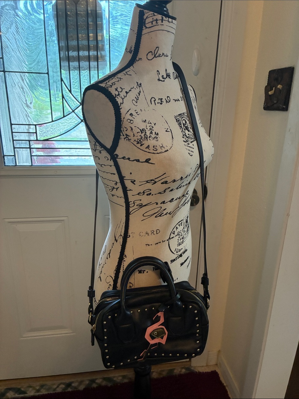 Black Studded Women's Crossbody Satchel with Pink Flamingo Charm